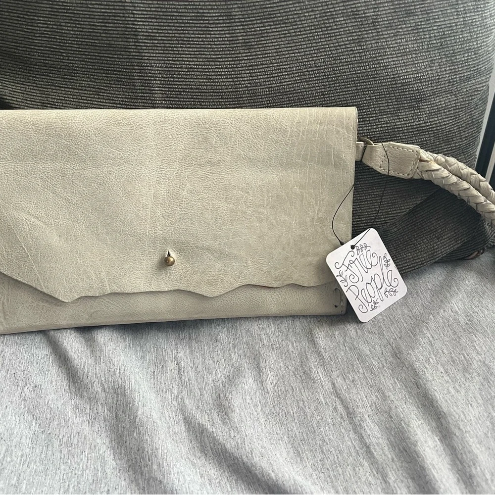 Free People Cream Leather Clutch with Braided Wrist Strap